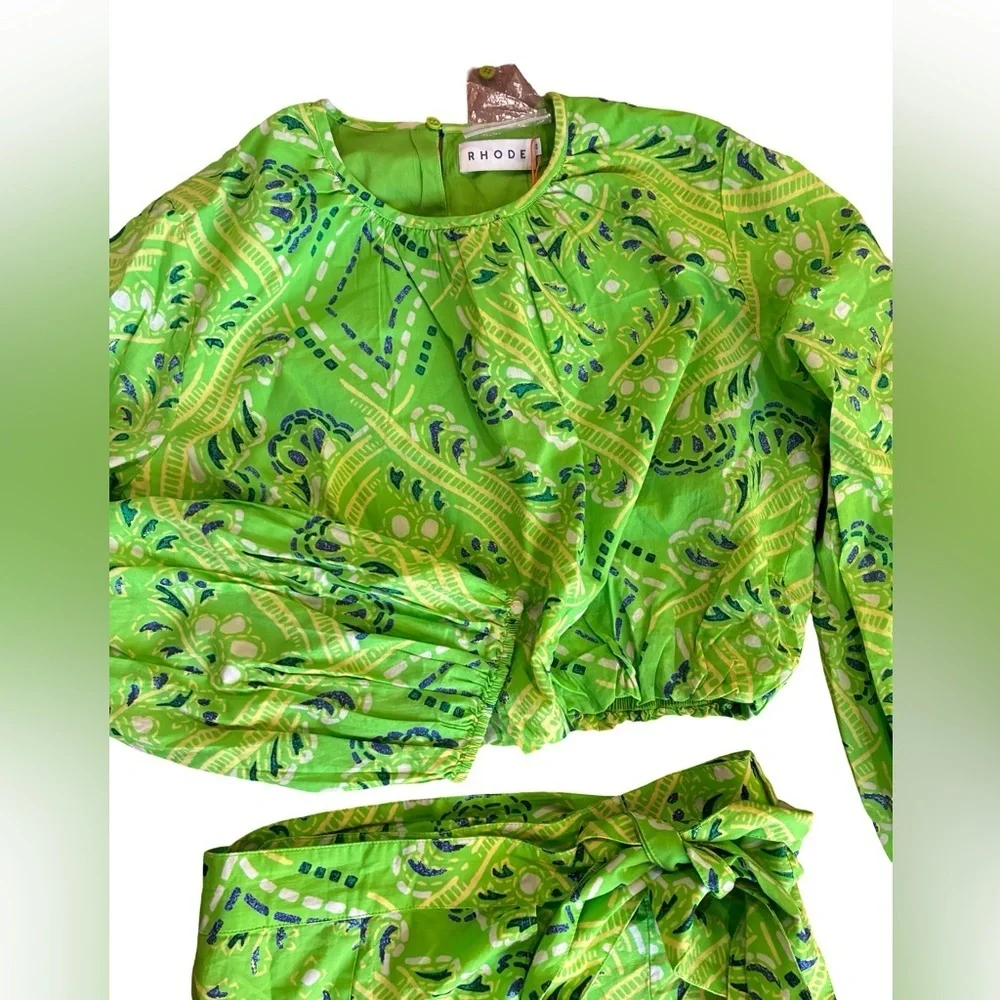 NWT RHODE Azure Top & Willow Skirt in Lime Diamond Stitch Puff Sleeve Paisley - Picture 7 of 15